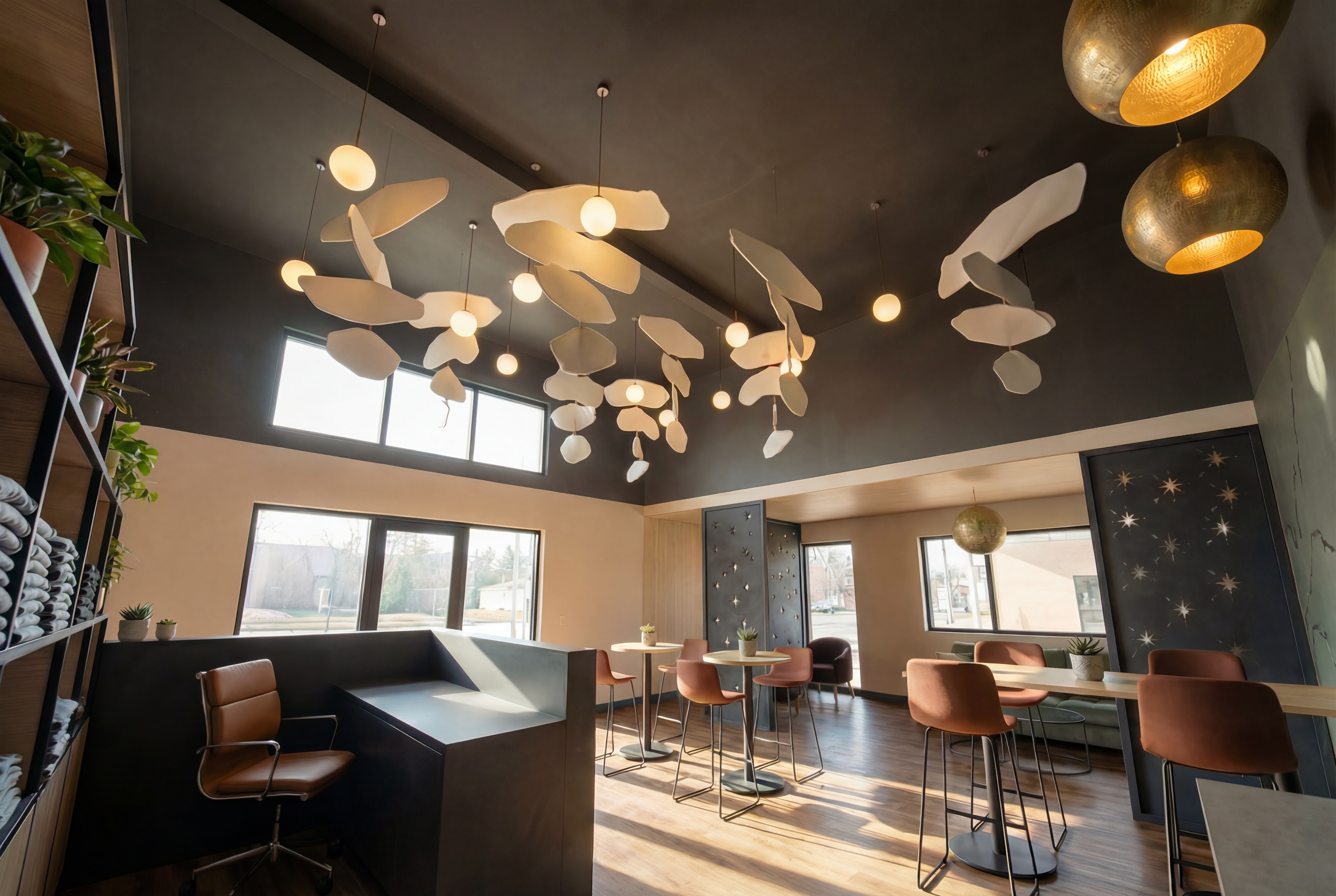 The Outrider Hotel lobby lounge with sculptural pendant lights, brass fixtures, and cozy booth seating