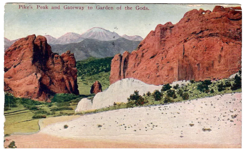 Garden of the Gods red rock formations with Pikes Peak in background near Manitou Springs Colorado