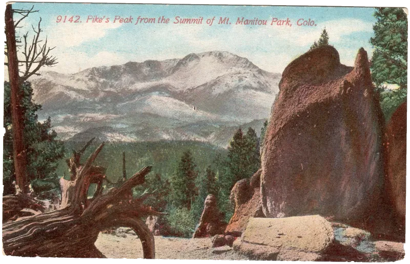 Pikes Peak summit view from Manitou Springs Colorado with mountain landscape