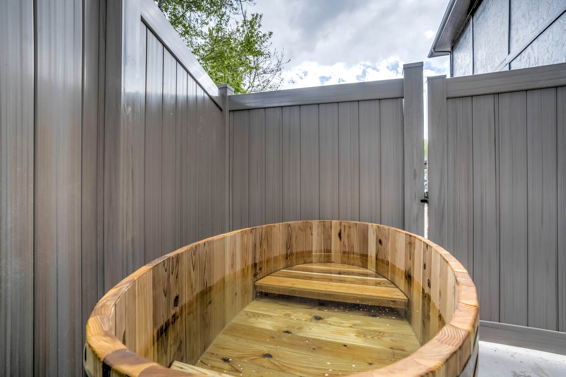 Cedar cold plunge tub at The Outrider Hotel