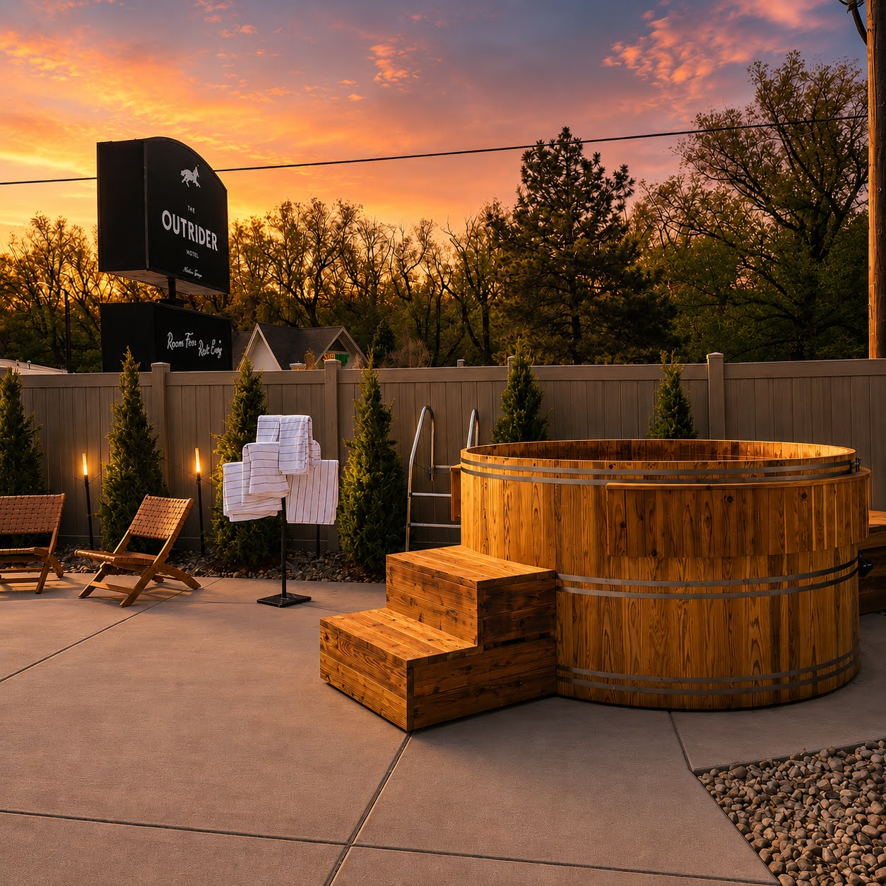 Cedar hot tub on the patio at sunset at The Outrider Hotel in Manitou Springs